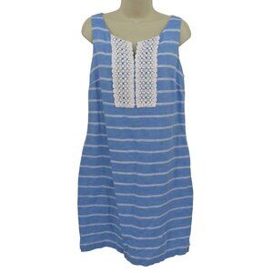 Talbots Women 8 Blue White Stripe Linen Blend Crochet Tunic Style Sheath Dress